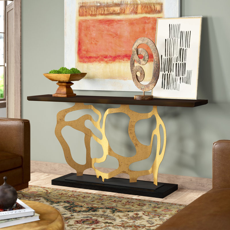 Console sculptée 74 po, Or antique / Noir, Noyer foncé