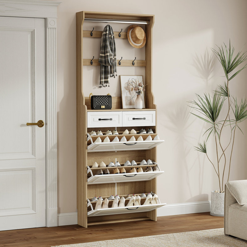 New Wooden Shoe Cabinet, 3 Doors And 2 Drawers, Equipped With Hangers And Spacious Storage Space, White/Natural