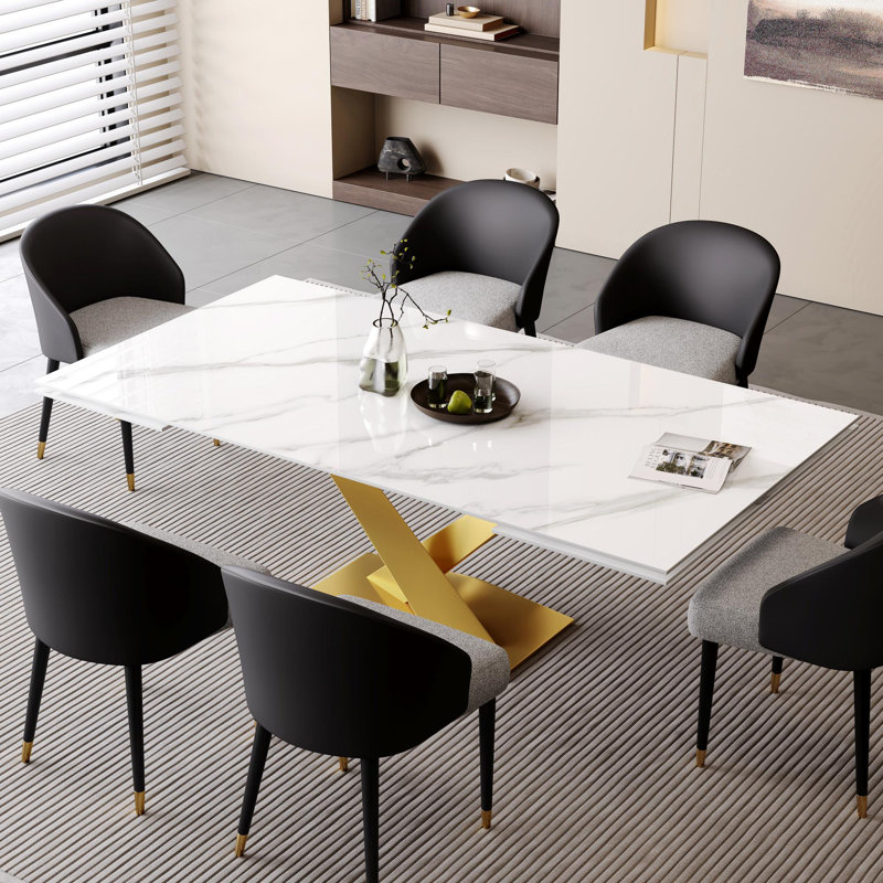 Ponciano 9 - Piece 94.48'' Rectangular Extendable Sintered Stone Dining Table with 8 Leather Chairs Dining Set, Black
