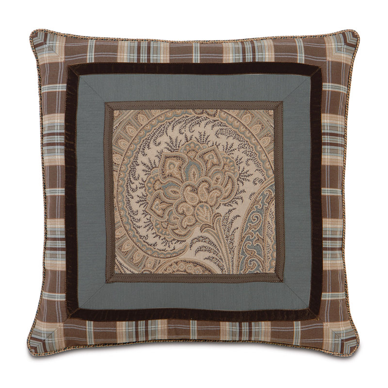 Mocha and Spa Blue Square Throw Pillow with Border Collage