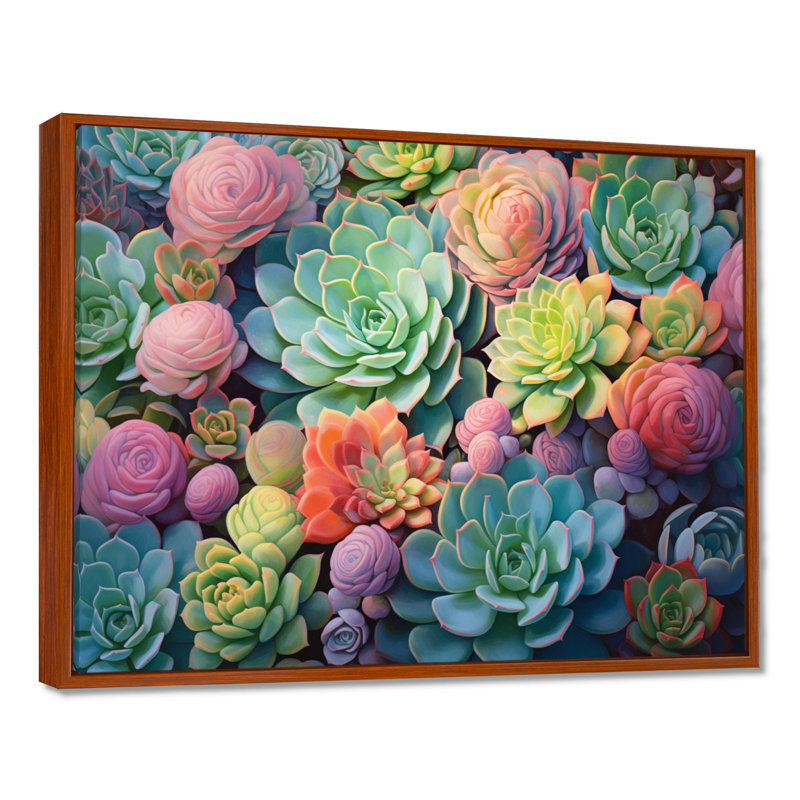 Vert, bleu, plantes grasses, succulentes, rêves II, H 12 po x l 20 po x P 1 po, Cadre flottant brun