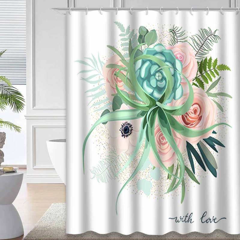 Rideau de douche rose avec 12 crochets Eucalyptus, L 72 po x l 72 po