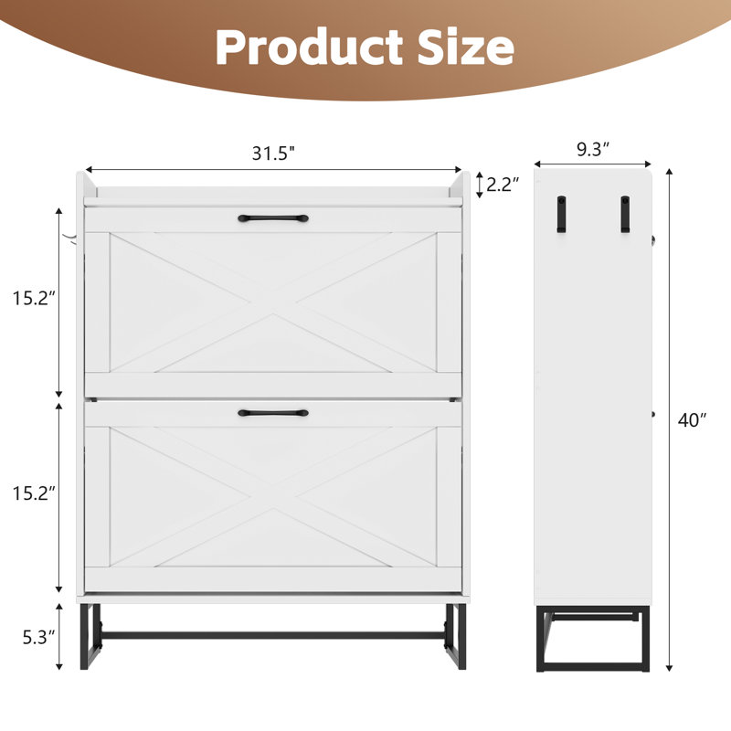 40''H 16 Pair Shoe Storage Cabinet with 2 Flip Drawers, White