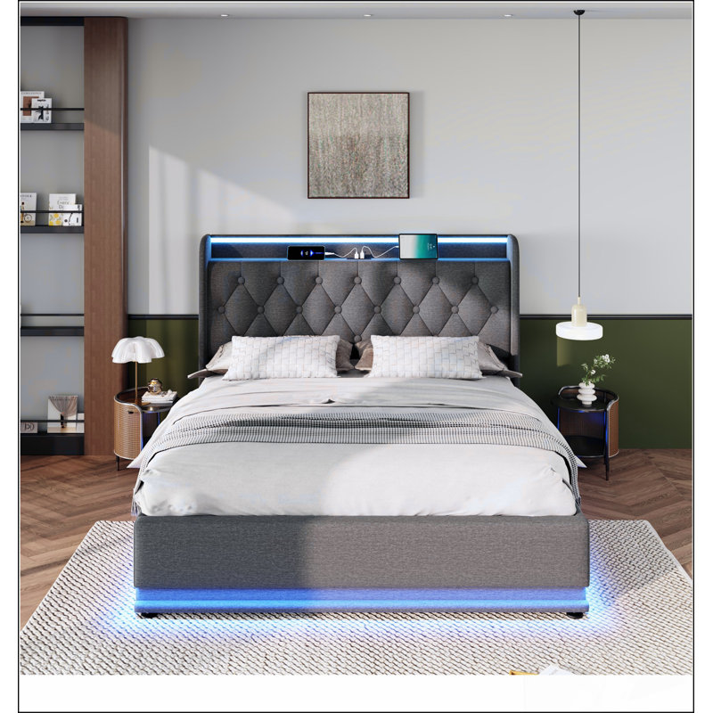 Lit rembourré avec 360 DEL ambiantes, boutons / applications / télécommande et rangement hydraulique pour un confort et une organisation modernes