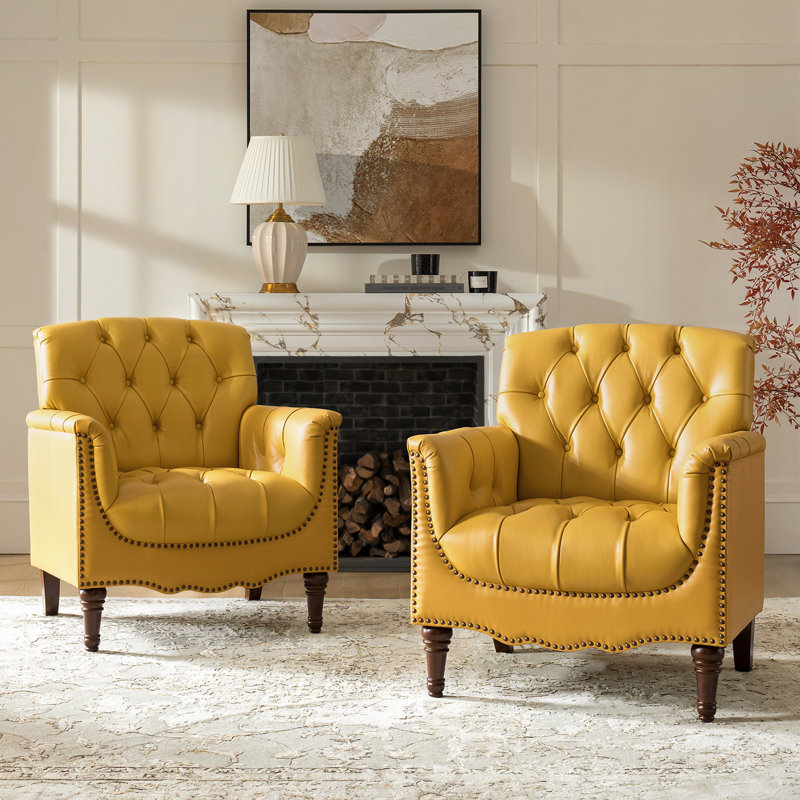 Orme 32" W Tufted Genuine Leather Armchair, Yellow
