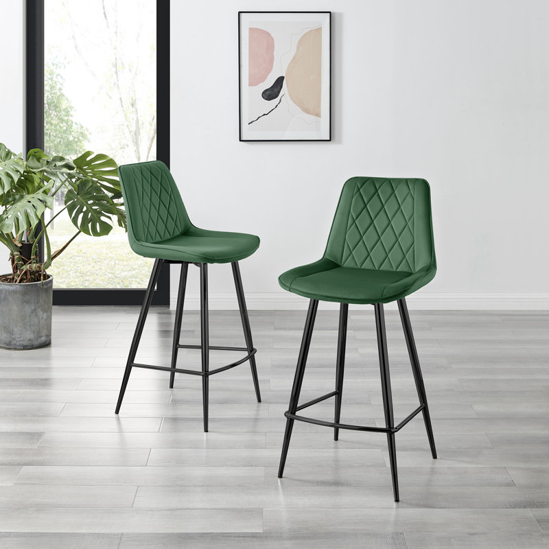 Simsbury Velvet Modern Counter Bar Stools with Tapered Metal Legs & Quilted Diamond Stitching, Black, Green