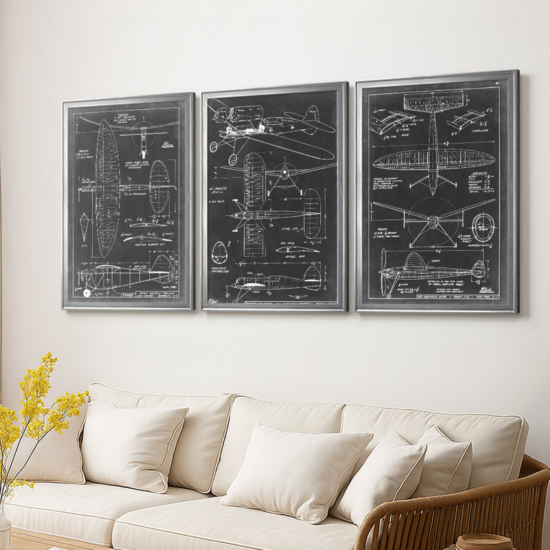 Aéronautique Blueprint I - Toile tendue avec châssis sur mesure - 3 pièces, H 19 po x l 27 po, Argent argent