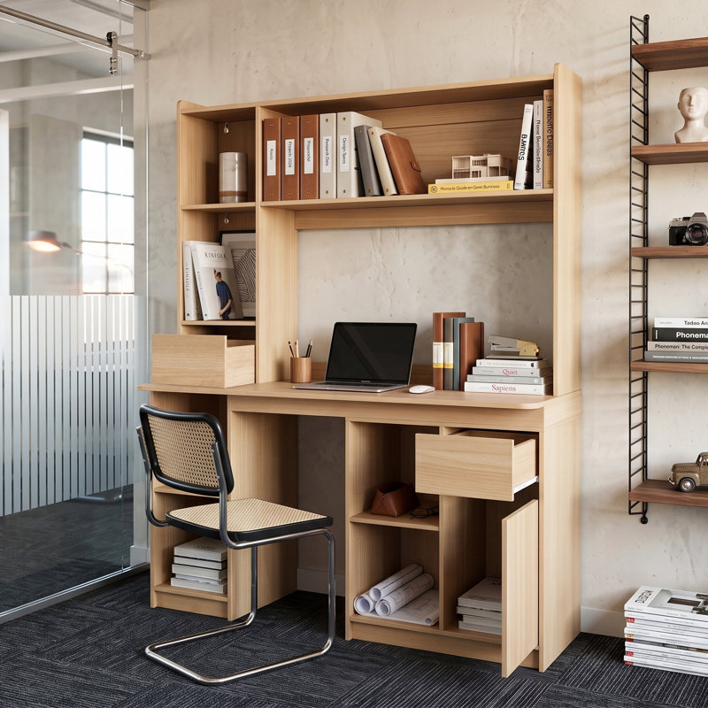 120cm Light Wood Extendable Computer Desk with Cable Management, Drawers & Cabinet