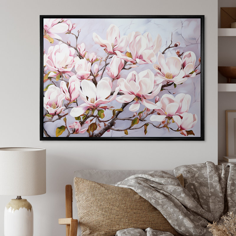 Fleurs de magnolia roses sur toile, Cadre flottant noir, H 24 po x l 32 po