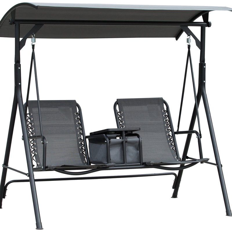 Balançoire de patio grise 2, balançoire à baldaquin avec table de rangement, porte-gobelet, abat-jour réglable, acier robuste, table coulissante d'une capacité de 528 lb et structure en acier, support