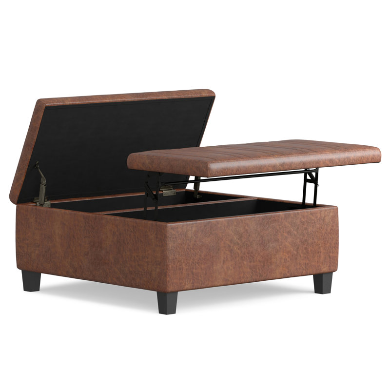 Ellis 36"W Upholstered Square Coffee Table Storage Ottoman with Split Lift Top, Distressed Saddle Brown Faux Leather