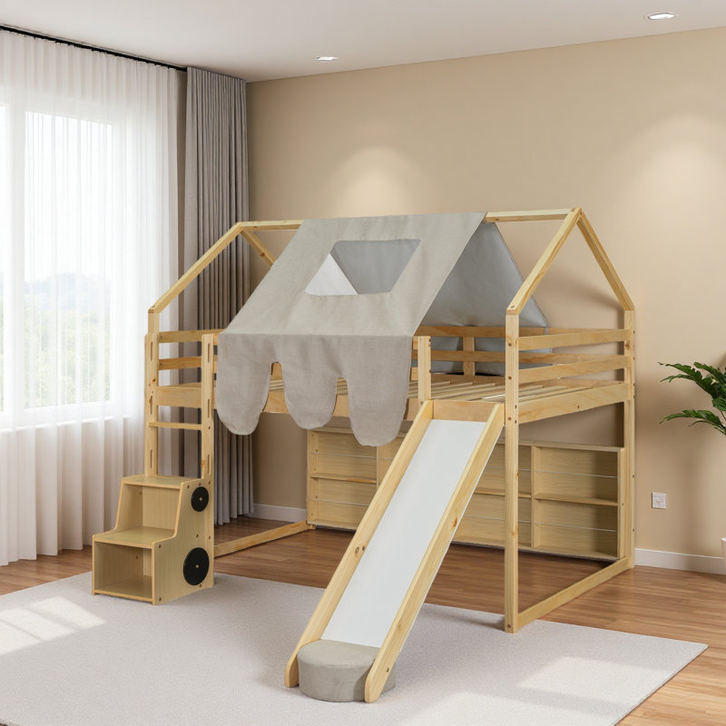Cadre de lit mezzanine en bois avec tente, Beige / Naturel, Lit double