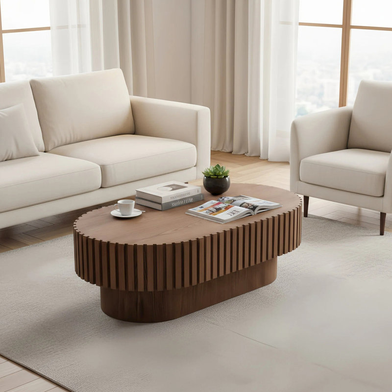 Table basse ovale cannelée, noyer de 43,1 po, Mid-Century moderne, piédestal, pour salon, chambre à coucher, appartement, bureau, base épaisse, table à rainure avec rainure unique