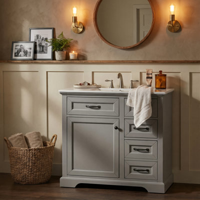 Meuble-lavabo 36 po avec lavabo en céramique, 2 tiroirs, support de porte et structure en bois massif (gris clair / blanc / bleu gris)