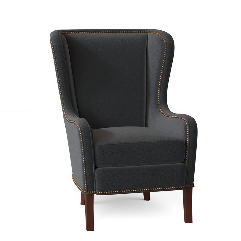 Aurora Wingback Chair, French Natural, Mahogany, Aline Light Gray Stonewash Genuine Leather