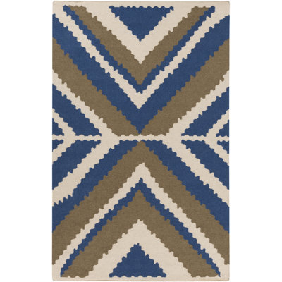 Tapis bleu / ivoire en laine tissé à la main Alameda