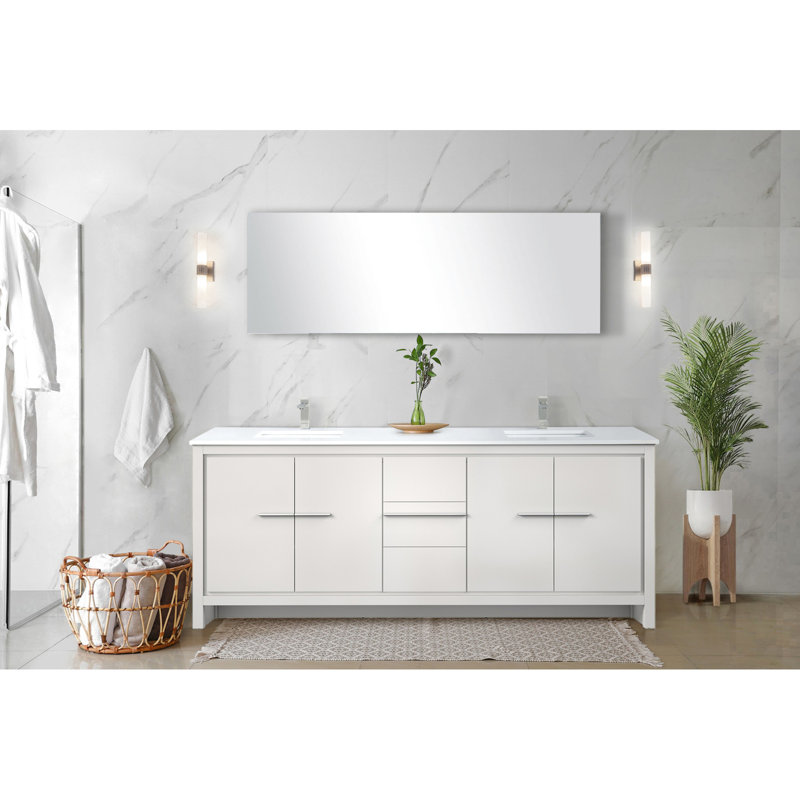Meuble-lavabo double blanc 80 po L 20 po x P - Comptoir en quartz, robinet en nickel brossé et rangement spacieux de 80 po et 20 po avec comptoir élégant avec portes