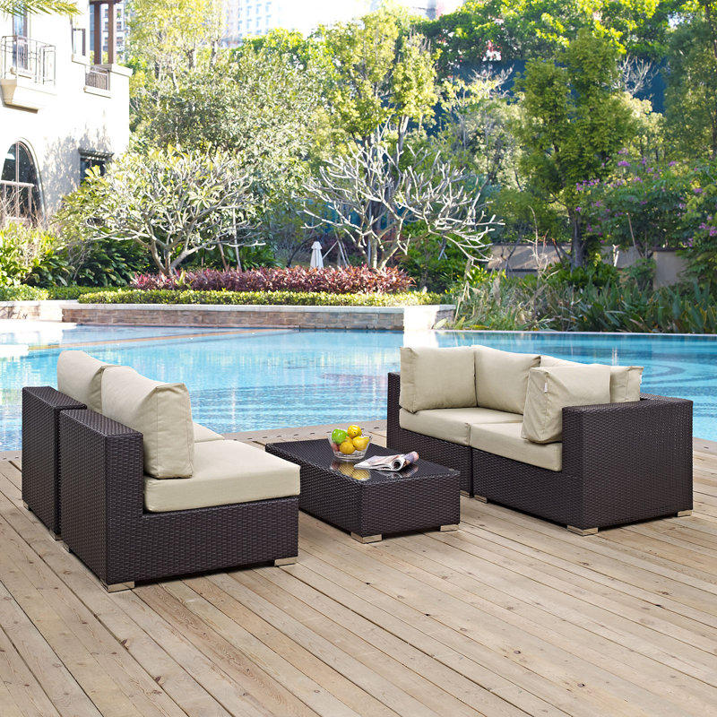 Modway Convene Wicker Rattan 5-Piece Outdoor Patio Furniture Set, Beige