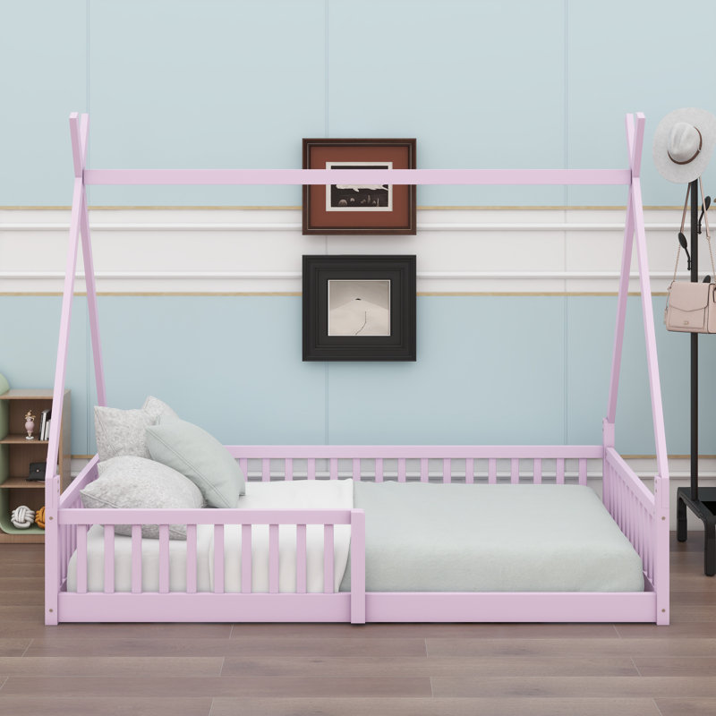 House-Shaped Bed With Integrated Fence Design, Pink