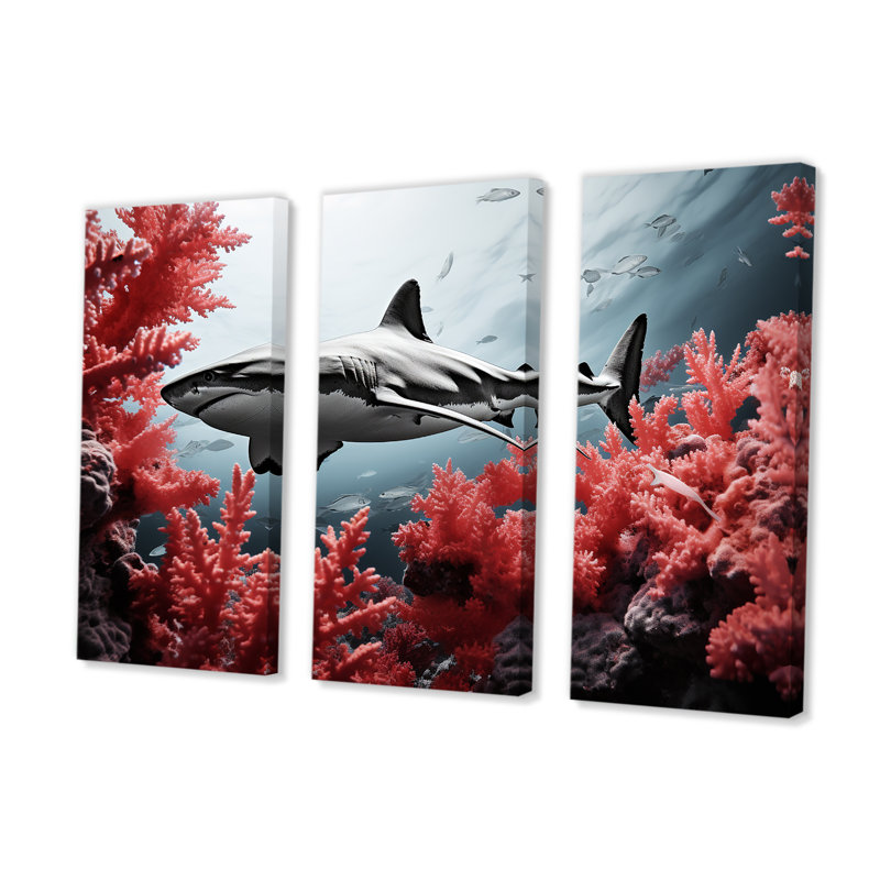 Monochrome Gray And Red Shark Dance - Coastal Coral Under Water Canvas Art Set, 40" H x 60" W x 1" D