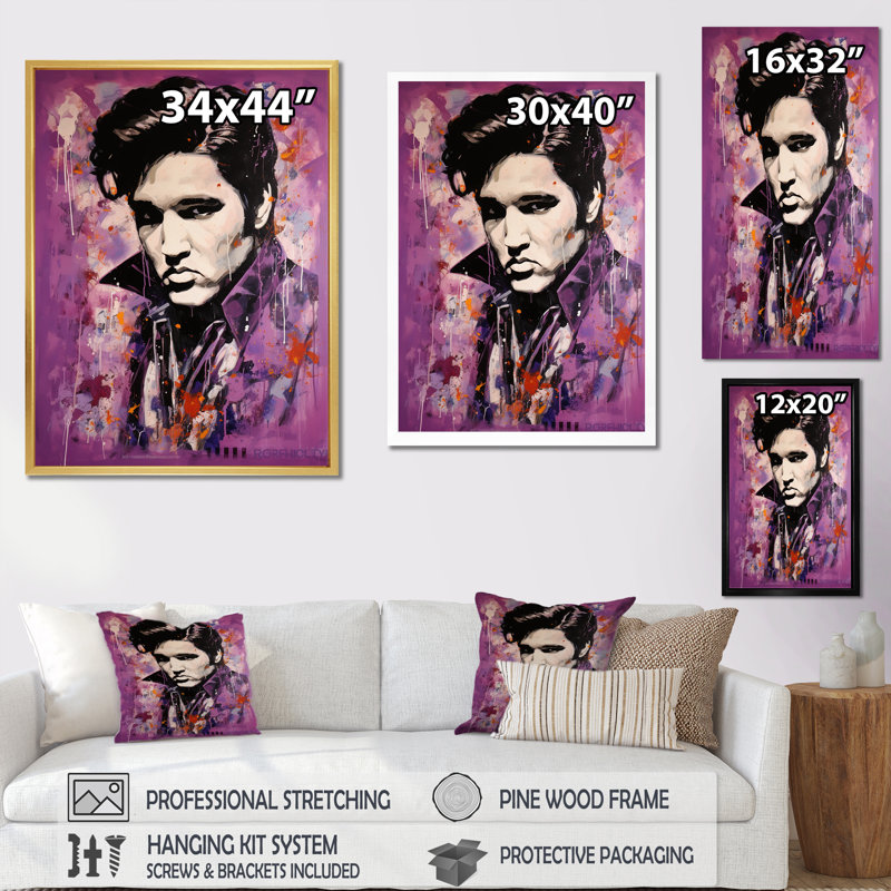 «Music Icon», reproduction d'art sur toile, portrait de Presley mauve, H 32 po x l 16 po x P 1 po, Cadre flottant noir