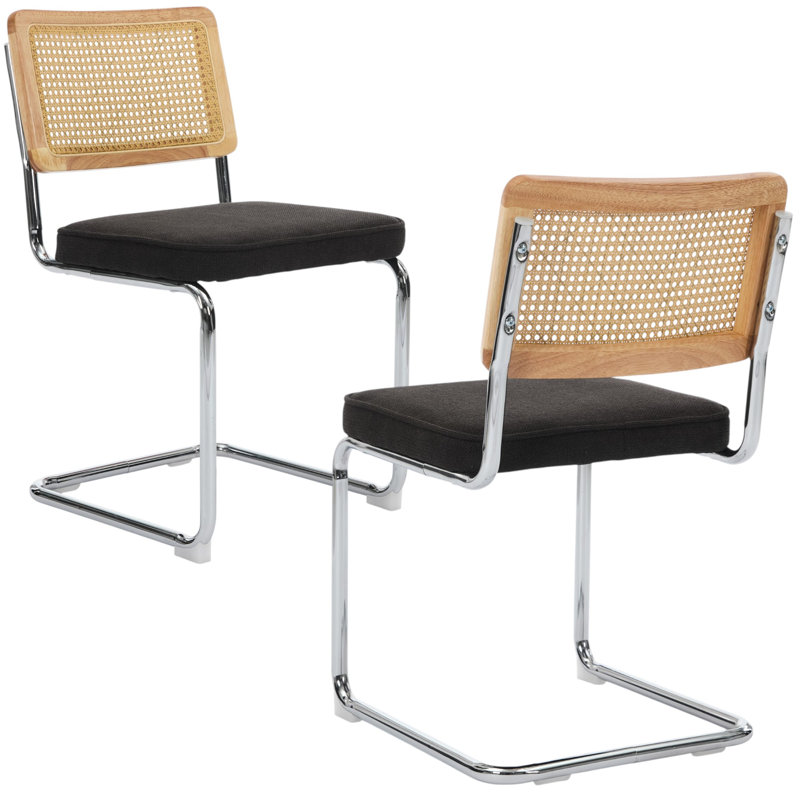 Chaises de salle à manger avec dossier en canne naturelle et base en acier inoxydable chromé, Noir