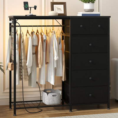 6-Drawer Storage Dresser with LED Lights, Hanging Rack & Charging Station