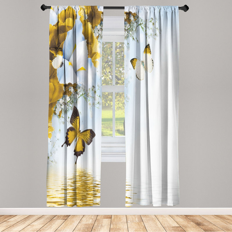 Microfiber Floral Semi-Sheer Rod Pocket Curtain Panels, 28" W x 84" L, Goldenrod/Light Blue