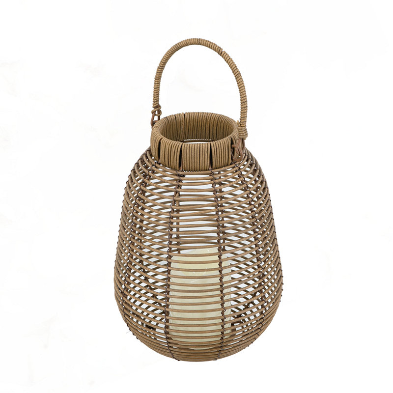7.9X7.9X10.6" Brown Poly Rattan Lantern With White LED Candle, Brown