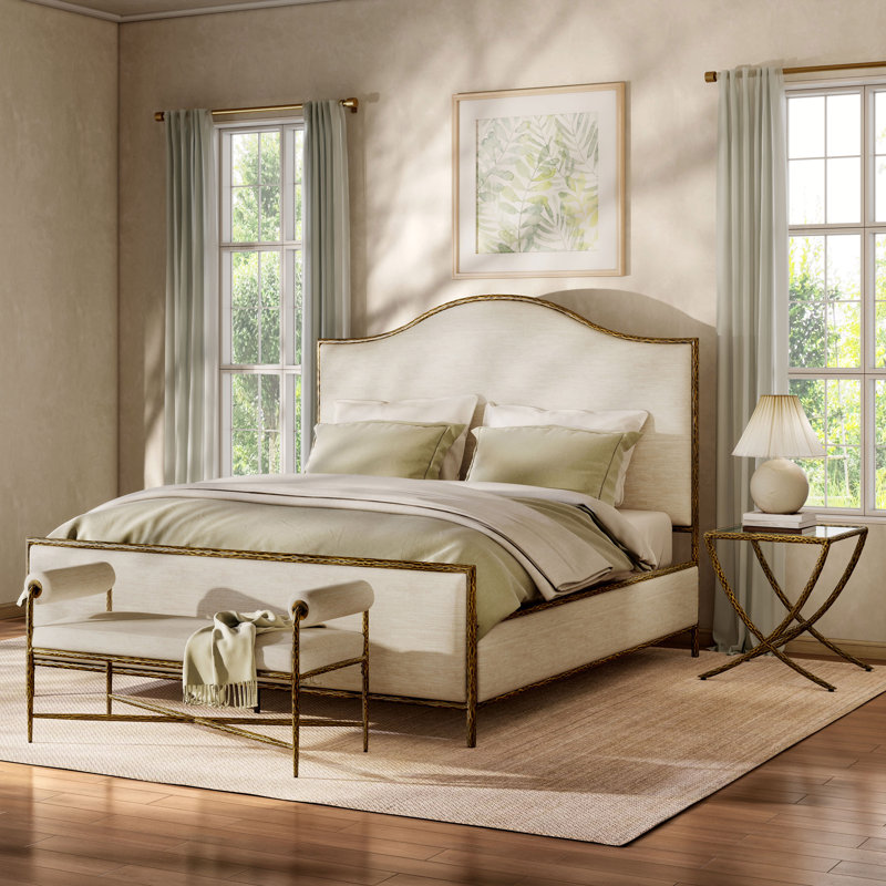 Lalia Modern Hammered Metal 3-Piece Bedroom Set, Matte Gold, 3 Pcs: Bed, Bench, Side Table, King