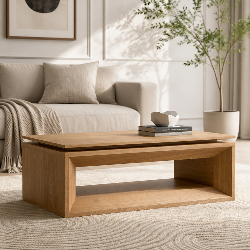 Table basse relevable avec rangement, Bois naturel