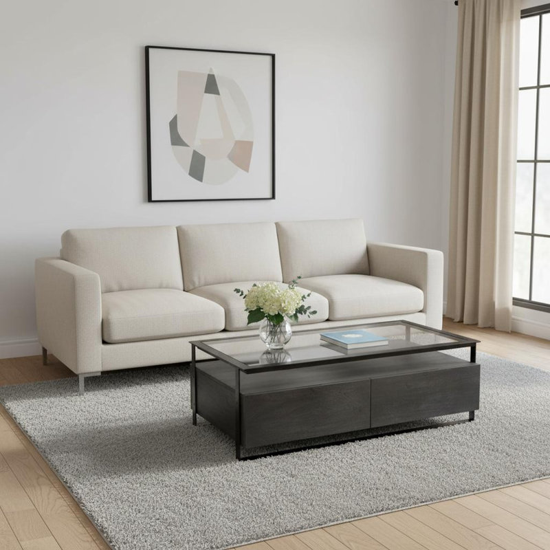 Table basse 30 "rectangulaire en verre transparent et noir avec quatre tiroirs et une tablette