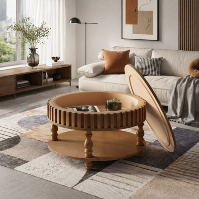 Table basse de style campagnard cannelé avec rangement et couvercles rabattables, table de centre brun rustique pour le salon avec rangement caché spacieux, pieds robustes en bois massif durable