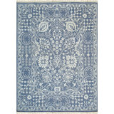 Blue Hand-Knotted Wool Bamboo Silk Framed Floral Garden Geometric Modern Contemporary Carpet Rug