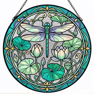 Dragonfly Lotus Stained Glass Window Panel，7.8H