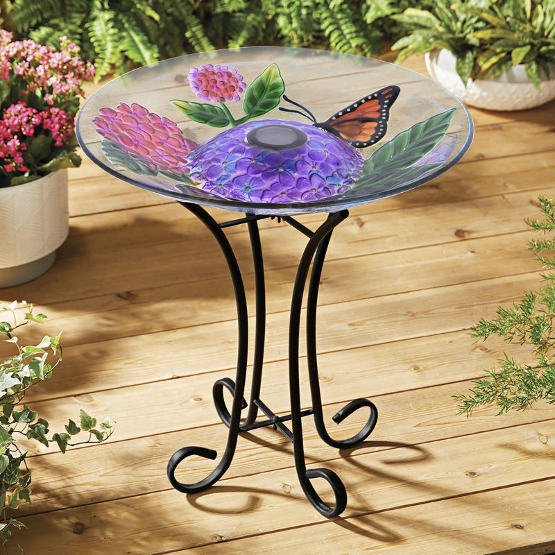 Bain solaire d'oiseaux à DEL en verre floral avec support