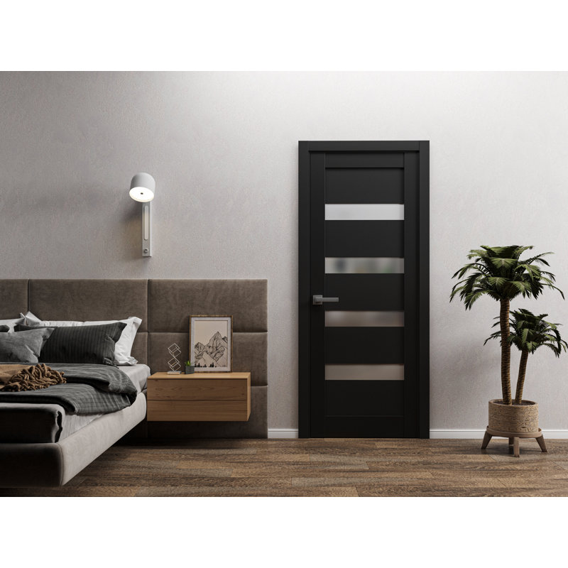 Porte française solide | Verre givré noir mat Quadro 4113 | Cadre simple à panneau régulier avec poignée, 32 po x 80 po