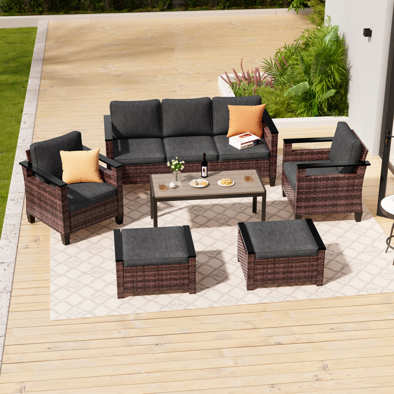 Crezee 6 Piece PE Wicker Patio Conversation Set with Ottoman and Coffee Table, Black Gray