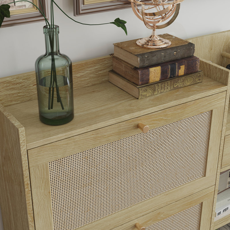 Natural Bohemia Style Shoe Cabinet with 3 Rattan Flip Drawers, 3 Cube Shelves, and 1 Storage Drawer for Hallway and Entryway