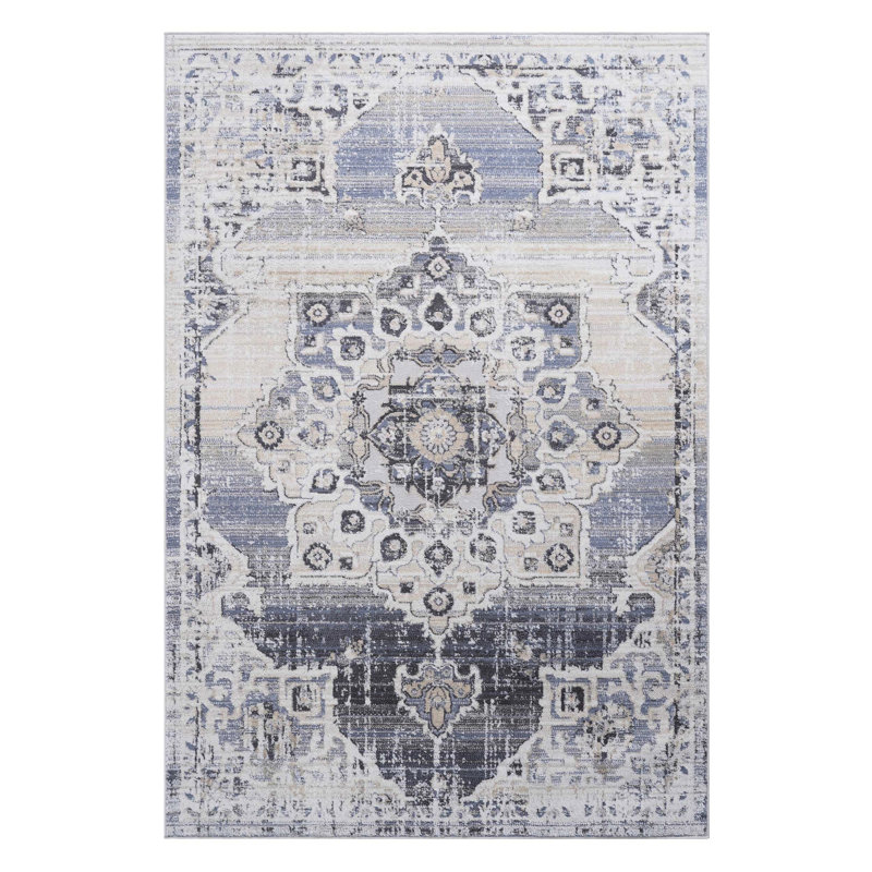 Area Rug In Cream/Blue Medallion, Non-Shedding, Stain , For Dining Room, 0.28In Pile Medallion Rug, Ideal Home Decor, Living Bedroom, Dining, Office,