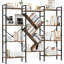 Bibliothèque à 4 niveaux avec structure en métal et en bois, 14 tablettes ouvertes