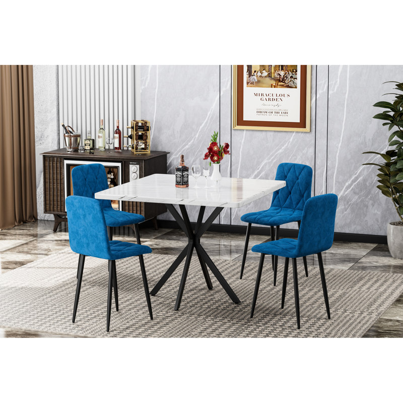 Table de salle à manger carrée Caton pour 4-6, 38,6 po blanc et fer, facile à nettoyer, table moderne à économie d'espace, plateau avec pieds en fer et assemblage