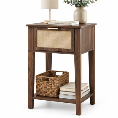 Modern 1-Drawer Nightstand with Woven Cane Front and Open Storage Shelf