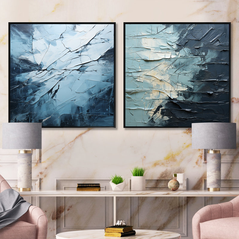 Minimalisme glacier - ensemble de 2 collages carrés fractals, Cadre flottant noir, H 16 po x l 33 po