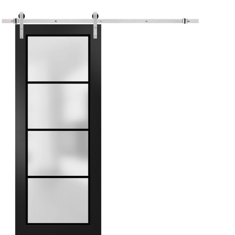 Porte de grange robuste en verre trempé givré | Planum 2132 | Ensemble de quincaillerie lourde pour cintres 6,6 pi argenté | Portes intérieures modernes à panneau massif - Rail argenté
