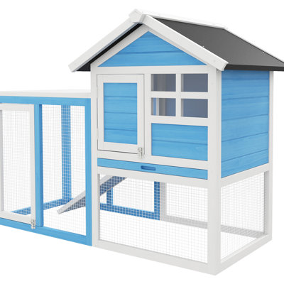 Lapin 48 po avec revêtement en asphalte résistant aux intempéries, bleu, bois massif, intérieur et extérieur, plateau et rampe amovibles - toit imperméable en cage en bois, plateau, bleu