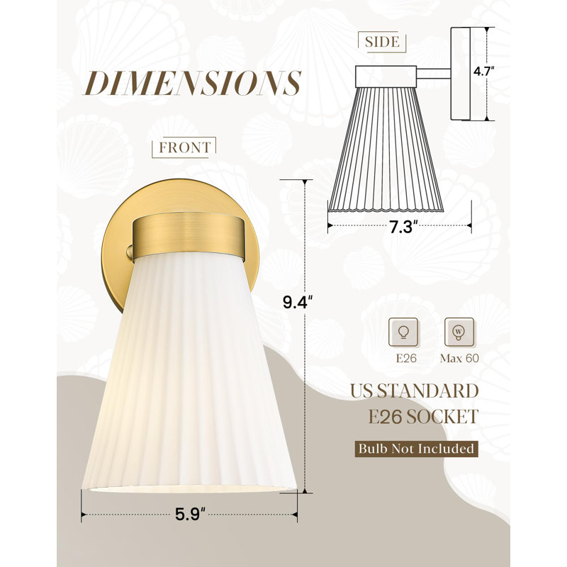 Steel Armed Sconce With Frosted Milk White Striped Glass Shade, Gold