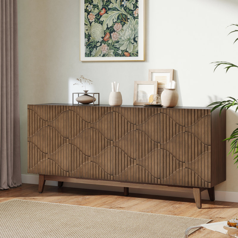 Buffet de 65 po de largeur avec pieds en bois massif, Brun