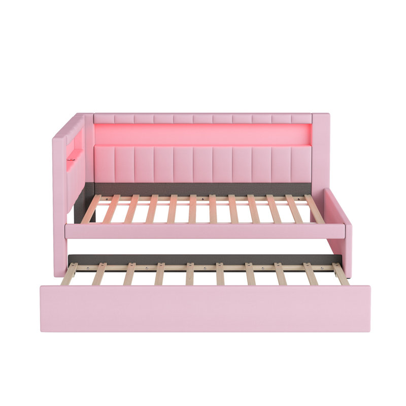 Lit plateforme simple tapissier avec lumières DEL et ports USB - Cadre de lit gigogne rose pour chambre d'enfant