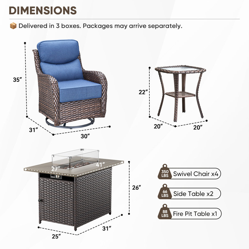 Ensemble de conversation d'extérieur en osier 7 pièces avec foyer rectangulaire Wickes, 4 fauteuils pivotants avec coussins épais de 6 po